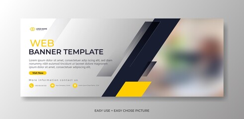 Wall Mural - Editable banner web template with blue yellow white background. Minimal, modern vector illustration