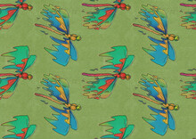Dragonfly Flying Pattern On Olive Green Background