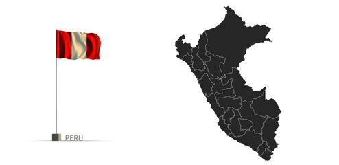 Wall Mural - Peru map. gray country vector map and flag 3d illustration.