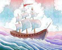 Sailing Ship Watercolor Illustration