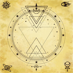 Wall Mural - Mysterious background: sacred geometry, circles, triangles, stars. Background - imitation of old paper. Place for the text. Esoteric, mysticism, occultism.  Vector illustration.