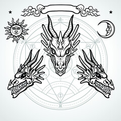 Wall Mural - Mystical drawing: animation head of a dragon. Symbols of the sun and moon, vignette, alchemy circle  transformations. Magic, esoterics, occultism, fairy tale. Monochrome vector illustration.