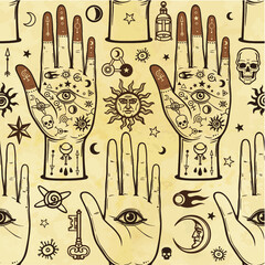 Seamless color pattern: human hands in tattoos, alchemical symbols. Esoteric, mysticism, occultism. A background - imitation of old paper, the book, parchment. Vector illustration.