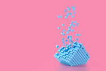 Abstract Creative Modern Pastel Pink 3D Background A Three-dimensional Cube Lying On Its Side And Exploding Small Cube Particles Flying Out Of It. 3d Illustration