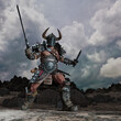 © Don Smith/Stocksy - Fantasy warrior with horned helmet and swords drawn ready to fight