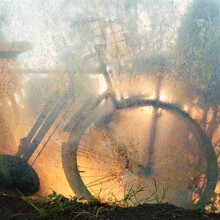 Silhouette Of Old Bicycle Leaning Up Against A Poly Wrap Tunnel In A Garden, At Sunset