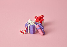 Colorful Handmade Plasticine Figure Of Christmas Gifts.