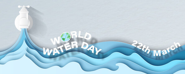 Wall Mural - front view of water tap with blue layer of water shape, the day and name of event with space for tex