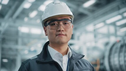 Wall Mural - Portrait of a Professional Asian Heavy Industry Engineer/Worker Wearing Safety Uniform, Glasses and Hard Hat. Confident Chinese Industrial Specialist Standing in a Factory Facility.