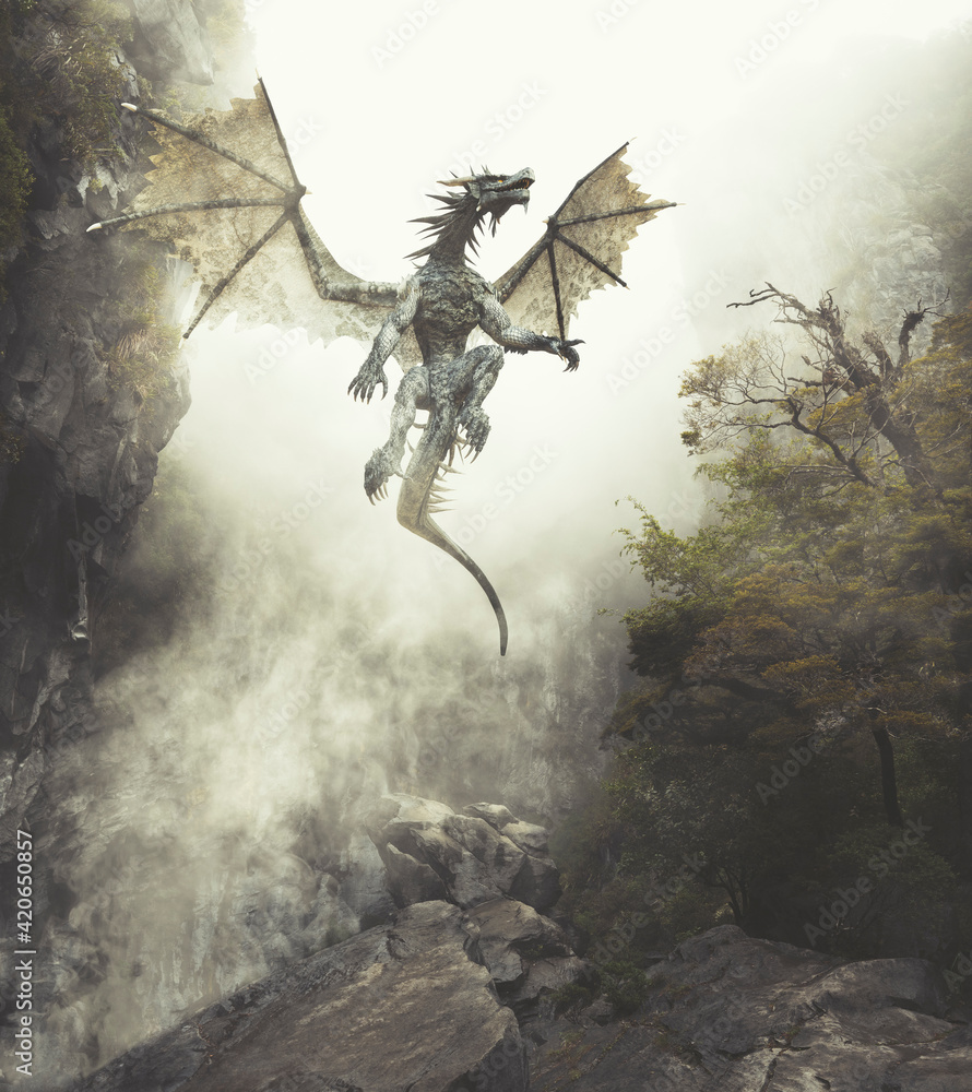 Dragon flying up out of cavern in misty fantasy forest Stock Photo | Adobe  Stock, image size:890x1000