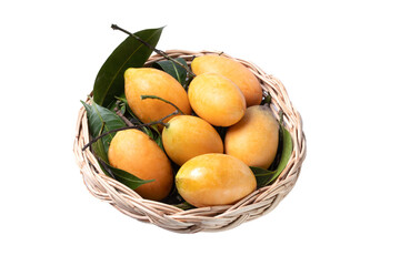 Wall Mural - Sweet yellow Marian plum thai fruit in wicker basket on white background.