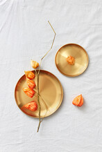 Natural Twig Of Physalis Plant On A Golden Plates.