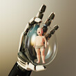 © Don Smith/Stocksy - Futuristic technology babysitter, crying unhappy baby inside transparent egg held in cyborg robot hand