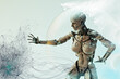 © Don Smith/Stocksy - Female white cyborg reaching out to touch graphical pattern