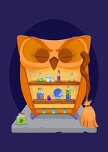 Creepy Owl Shaped Cupboard With Potion Bottles, Gemstones, Broom. Spooky Furniture Decor Design. Flat Vector Illustration. Halloween Holiday Concept