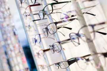 Image of glasses showcase at the modern optic shop, nobody