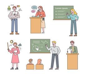 Wall Mural - a collection of teacher characters who teach in various ways. flat design style minimal vector illus