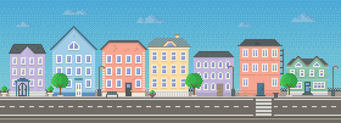 Wall Mural - Empty city with long road along houses vector illustration. City downtown landscape in pixel style