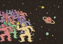 Crowd Of Colorful Monkeys Throwing Stars In The Universe