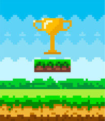 Wall Mural - golden cup pixel-game art illustration. icon of golden trophy successful completion of game