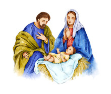 Christmas Nativity Scene. Watercolor Botanical Hand Drawn Illustration. Virgin Mary, Joseph And Baby Jesus. Religious Scene. Holy Family