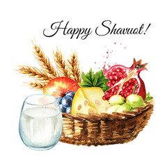 Shavuot card. Wheat, fruits and, dairy products. Symbol of Jewish holiday Shavuot. Watercolor hand drawn illustration isolated on white background