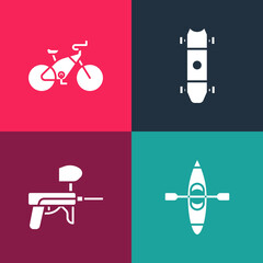 Wall Mural - Set pop art Kayak or canoe, Paintball gun, Longboard skateboard and Bicycle icon. Vector