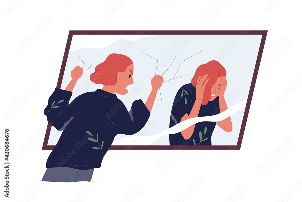Concept of self-judgment, criticism, and mental problems. Inner critic blaming, shaming, and shouting at mirror reflection. Woman feeling guilty. Colored flat vector illustration isolated on white - obrazy, fototapety, plakaty 