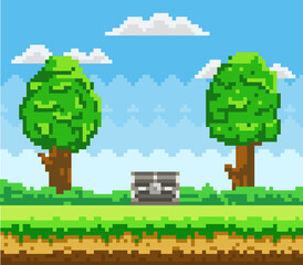 Sticker - Pixel-game background with chest in sky. Pixel art scene with green grass platform and tall trees