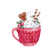 Watercolor Christmas cocoa with cream and gingerbread cookies, with berries in a knitted mug. Festive drink. Watercolor botanical hand drawn illustration for postcards, souvenirs, creating invitation 