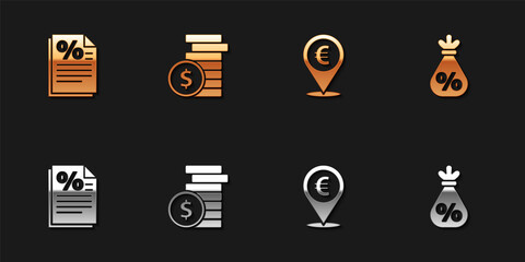 Poster - Set Finance document, Coin money with dollar, Cash location and Money bag percent icon. Vector