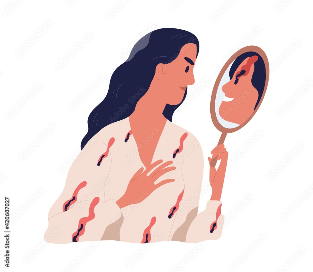 Person looking at mirror reflection with her inner devil. True self and  real nature concept. Psychological problems of personality. Colored flat  vector illustration isolated on white background Stock Vector | Adobe Stock, image size:1000x870