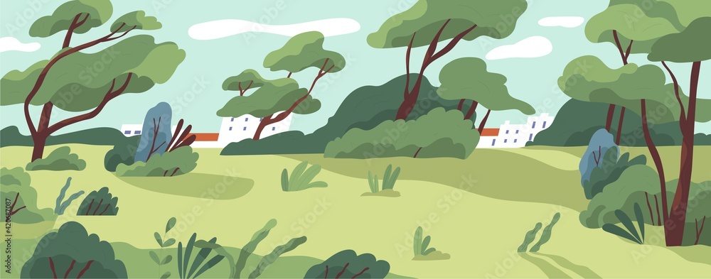 Horizontal landscape of public city park with trees and bushes in ...