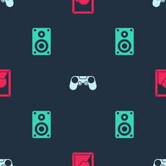 Wall Mural - Set Picture landscape, Gamepad and Stereo speaker on seamless pattern. Vector