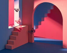 Staircase With Steps, With Butterflies On Background Of Vintage Bright Room