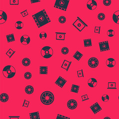 Sticker - Set Camera shutter, Play Video, CD or DVD disk and Online play video on seamless pattern. Vector