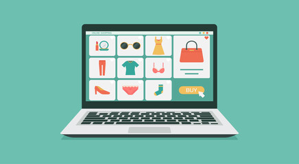 online shopping or digital store on laptop computer concept, women fashion products from e-shop with icons and goods, vector graphic flat design illustration