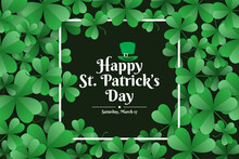 Happy St. Patrick's Day Background With Green Leaves And Thin Rectangular Lines.