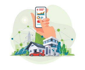 Wall Mural - Smartphone with electricity energy control usage monitoring app. Sustainable renewable power plant system storage station with electric car charging solar panels, wind, high voltage power grid city.