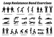 Loop resistance mini band exercises and stretch workout techniques in step by step. Vector illustrations of stretching exercises poses, postures, and methods with loop resistance band.