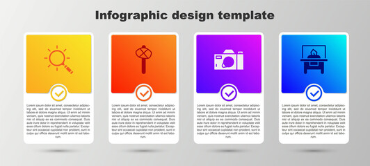 Poster - Set Magnifying glass, Stone age hammer, Photo camera and Glass showcase for exhibit. Business infographic template. Vector