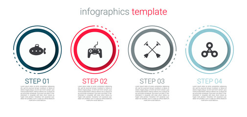 Sticker - Set Submarine toy, Gamepad, Arrow with sucker tip and Fidget spinner. Business infographic template. Vector