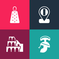 Poster - Set pop art Roman army helmet, Coliseum in Rome, Location flag Italy and Grater icon. Vector