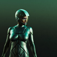 Futuristic Woman In Space Suit And Helmet Standing Confidently