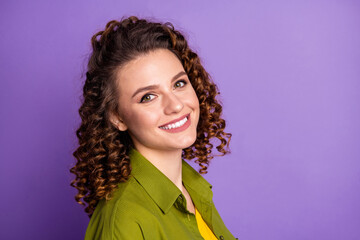 Wall Mural - Photo of young smiling pretty gorgeous stunning girl with red curly wavy hair isolated on violet color background