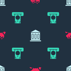 Sticker - Set Broken piggy bank, Bank building and ATM and money on seamless pattern. Vector