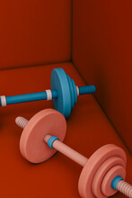 Blue And Pink Dumbbells On Red Background