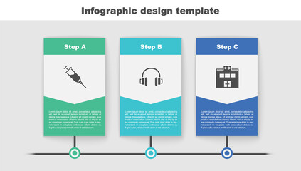 Sticker - Set Doping syringe, Headphones and Gym building. Business infographic template. Vector