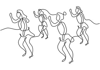 Wall Mural - Continuous line drawing of group of girls in zumba dance. Four energetic young womens practice dance isolated on white background. Dance sport and healthy lifestyle concept. Vector illustration