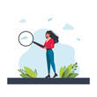 © Татьяна Пивоварова - Young Woman holding and analyse with big magnifier glass. Girl with giant loupe. Businesswoman looking through magnifying glass. Searching new ideas.Vector cartoon illustration. Searching Information